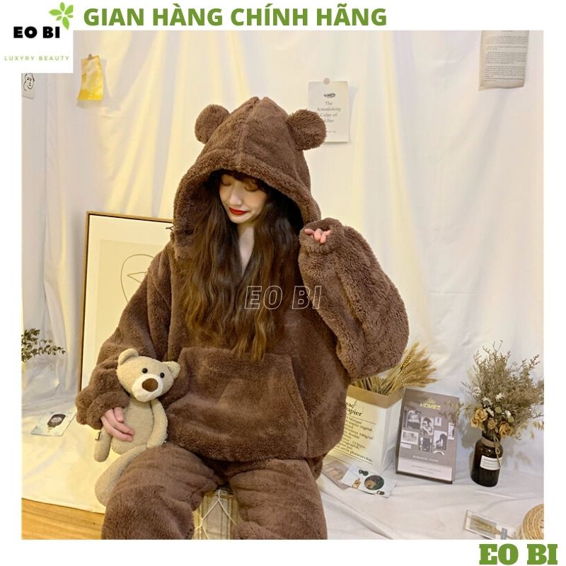 Bộ đồ mặc nhà lông gấu trơn 2 mầu nâu be ,bộ ngủ ấm áp vào mùa đông siêu cute dễ thương - EOBI