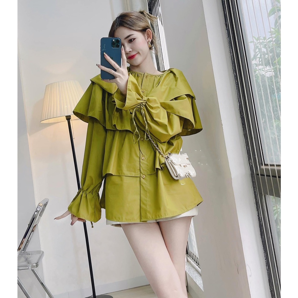 Áo sơ mi babydoll xòe tầng cổ tròn thắt nơ tay áo babydoll tiểu thư xinh xắn form rộng LD440