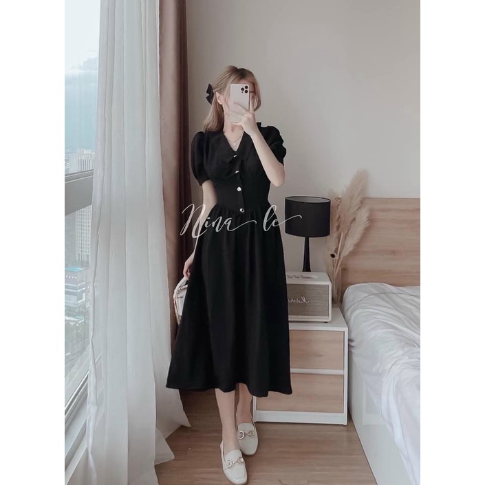 Đầm Nữ - Đầm Umi Nữ Hàng Thiết Kế Cổ Nhọn Tay Ngắn Phồng , Phối Nút Nhẹ Nhàng Ôm Body Dáng Xòe Y Hình , Màu Sắc Nhã Nhặn