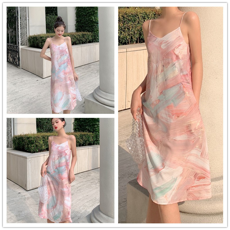 Sleeveless Dress for Women Sling Dress Women's Summer Korean Dress Midi Dresses for Women Dress Casual Dress Women Off Shoulder Dress for Women Irregular Midi Dresses Slim Waist Shift Dress V Neck Floral Dress