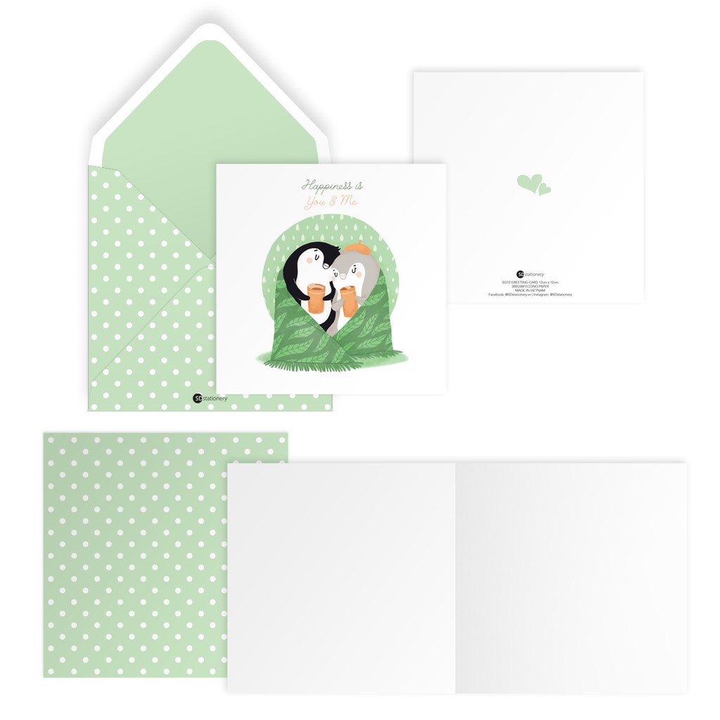 Thiệp tình yêu Valentine HAPPINESS IS YOU AND ME vuông 12cm SDstationery LIVE GREEN chim cánh cụt