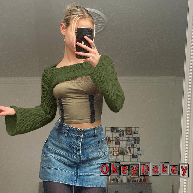 Áo Crop Top Dệt Kim Tay Loe Màu Trơn Thời Trang Cho Nữ y2k