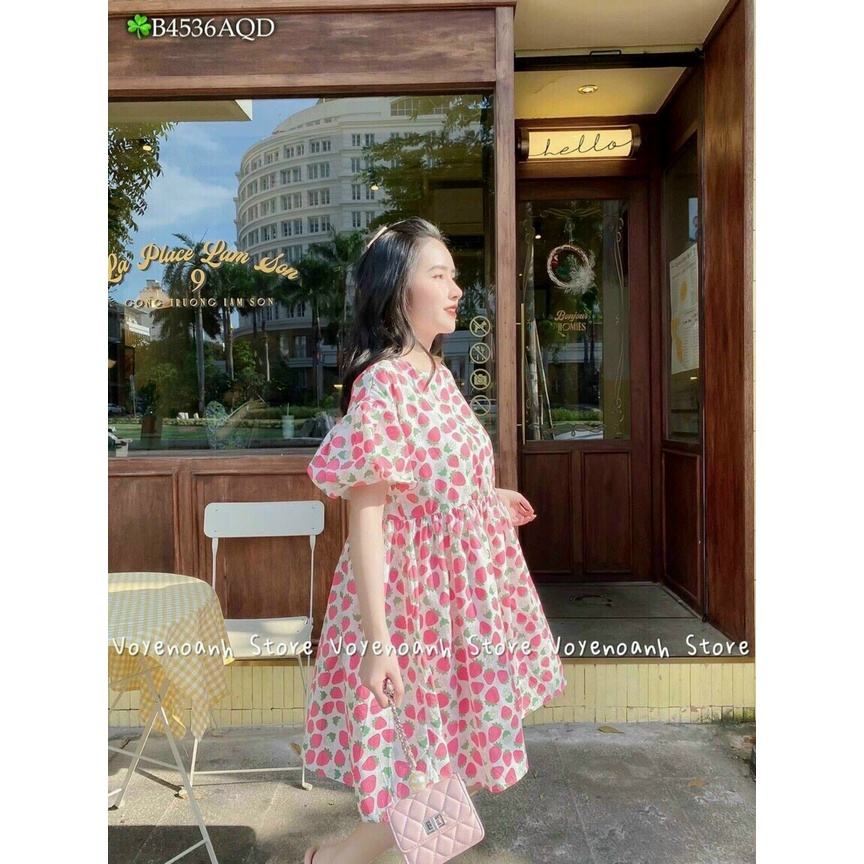 Đầm babydoll in trái dâu cổ tròn tay phồng,đầm xoè tiểu thư dành cho nàng bầu xinh xắn,đầm midi in dâu đi biển dễ thương