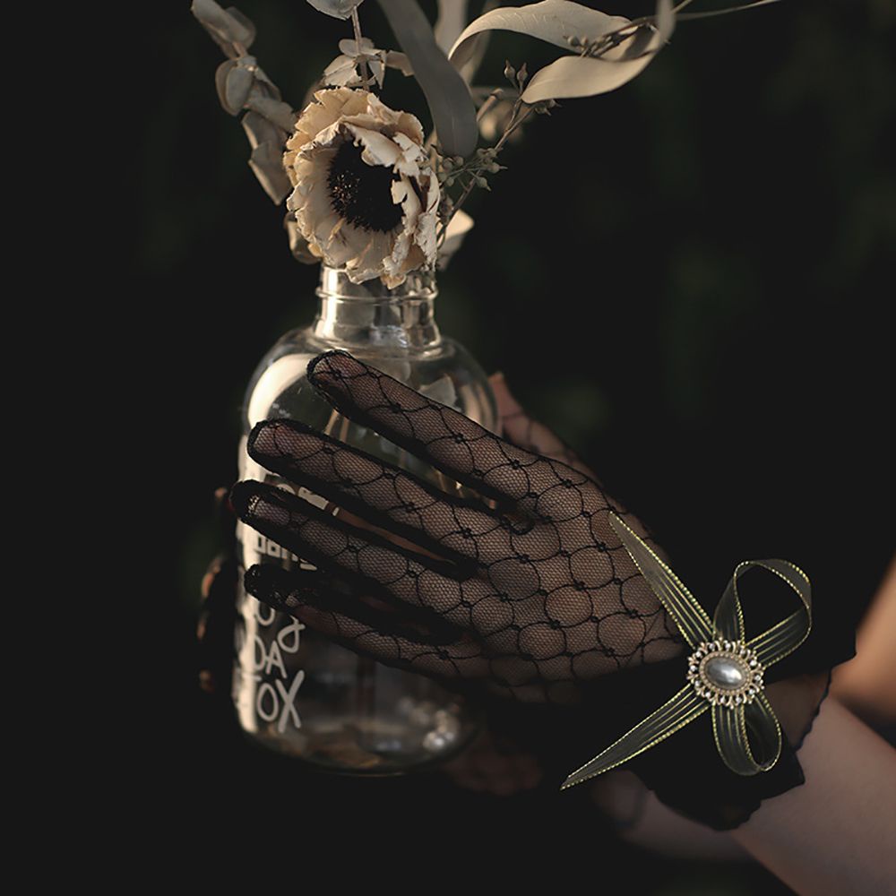 Găng Tay Lưới Toàn Bộ Ngón Tay Đính Nơ Và Ngọc Trai Thanh Lịch Cho Cô Dâu