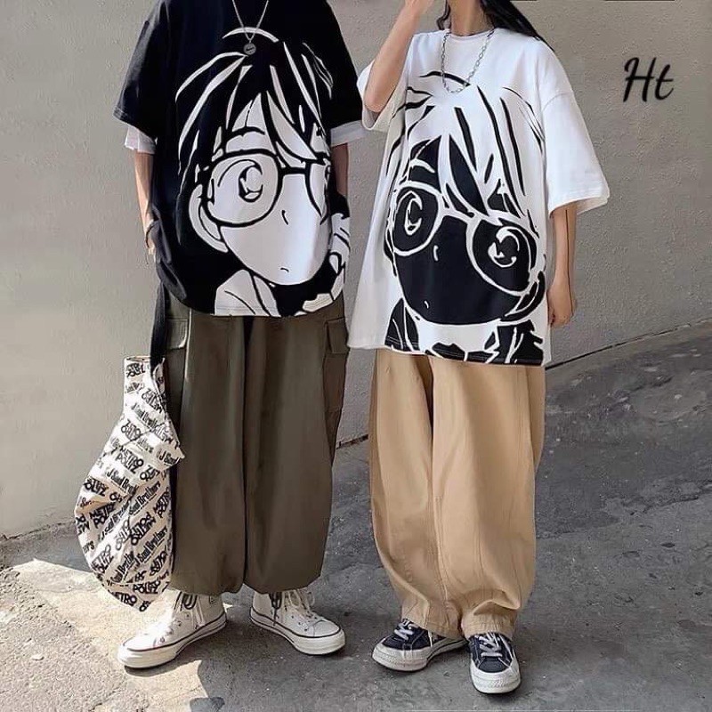 Áo thun tay lỡ in mặt conan đeo kính