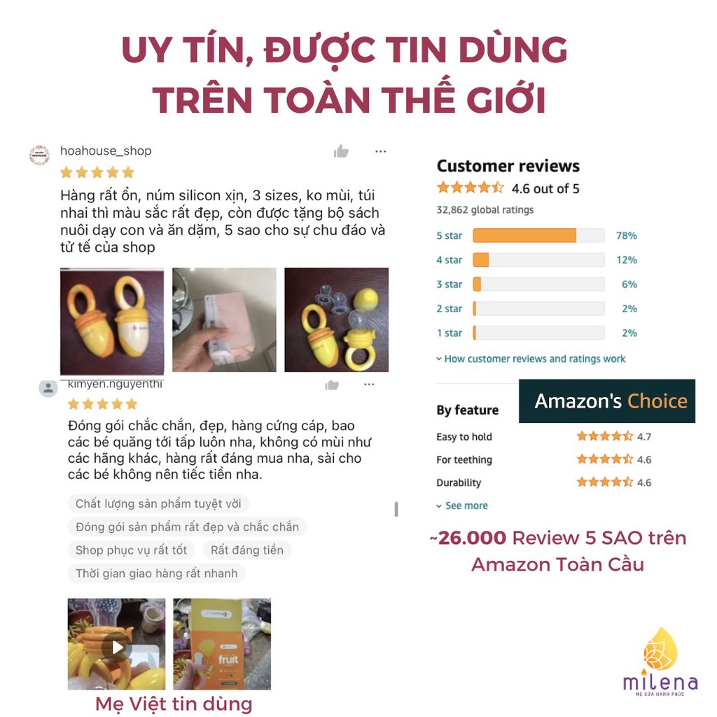 Túi nhai ăn dặm cho bé kích thích ngon miệng NatureBond chống hóc độc quyền chính hãng gồm 6 Núm  4-12 tháng