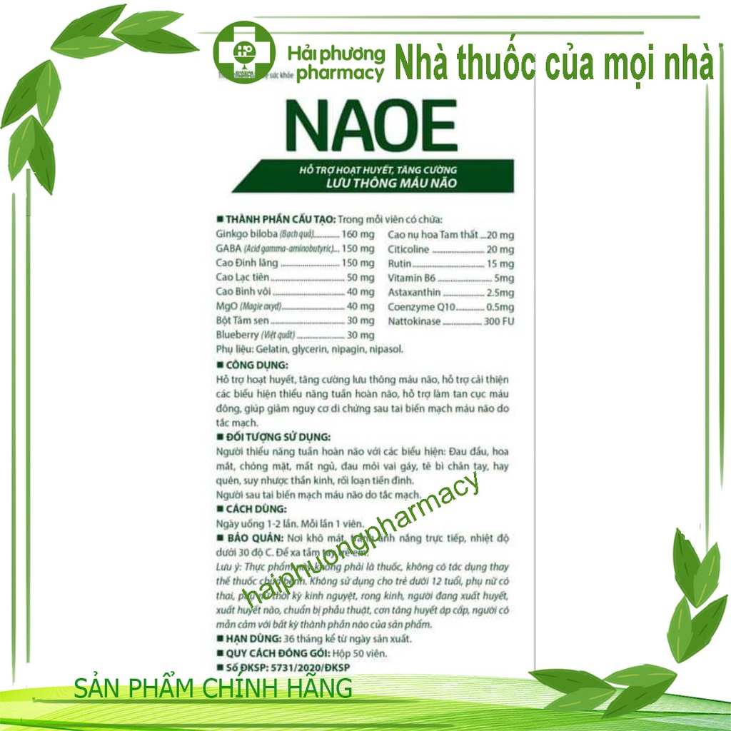NAOE - Hỗ trợ hoạt huyết, tăng cường lưu thông máu não  hỗ trợ cải thiện các biểu hiện thiểu năng tuần hoàn não