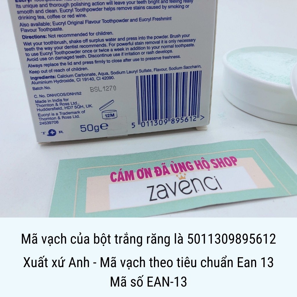 Bột Trắng Răng EUCRYL Toothpowder tẩy trắng răng thơm miệng chính hãng (50g)