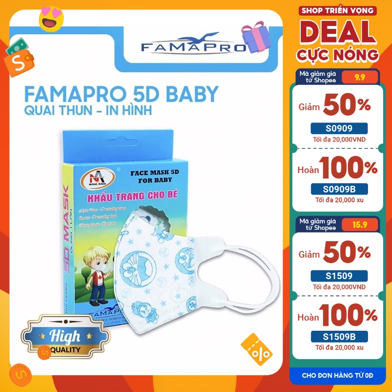 Hộp 10 cái khẩu trang 5d baby Famapro/khẩu trang cho bé/khẩu trang trẻ em 6 tháng -4 tuổi
