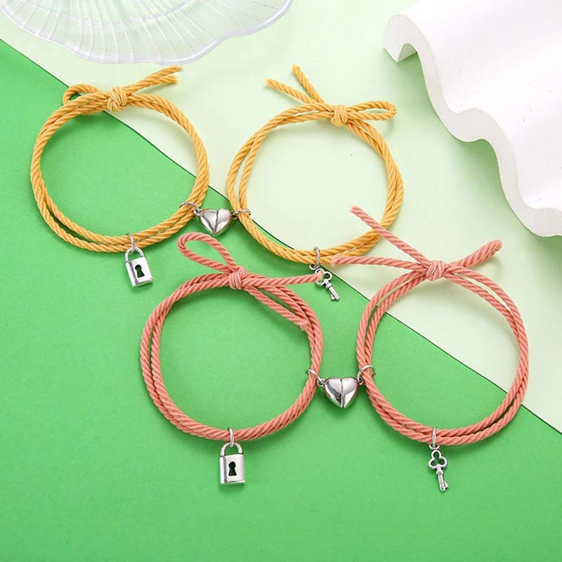 Set 2 vòng tay bện dây mặt hình ổ khóa nam châm thời trang độc đáo cho cặp đôi