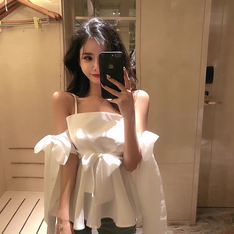SẴN🖤Áo kiểu ulzzang xoè cột nơ bánh bèo xinh xắn|Áo hai dây tiểu thư dạo phố đáng yêu dễ thương