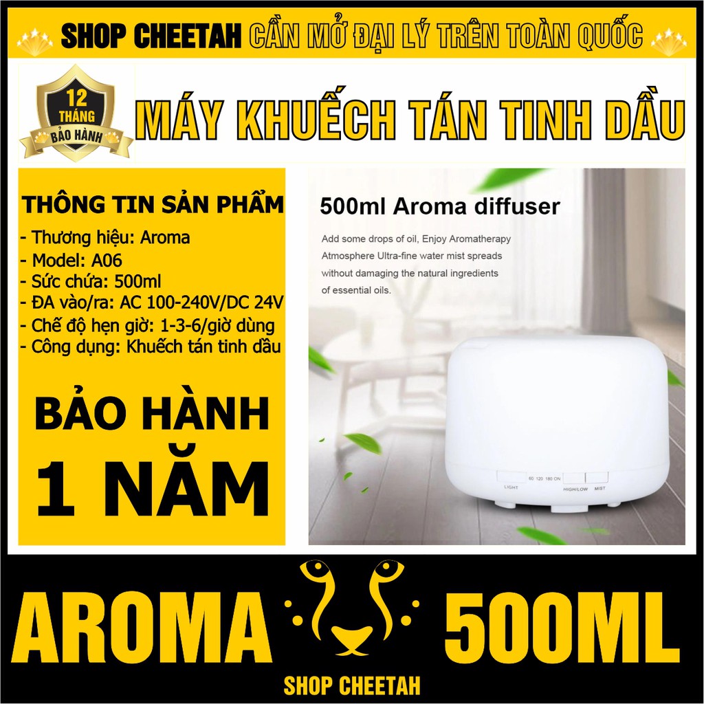 (A06-500ml) Máy khuếch tán tinh dầu Aroma – Kiểu dáng Ống trụ tròn trắng – Chế độ Led 7 màu – Bảo hành 1 năm