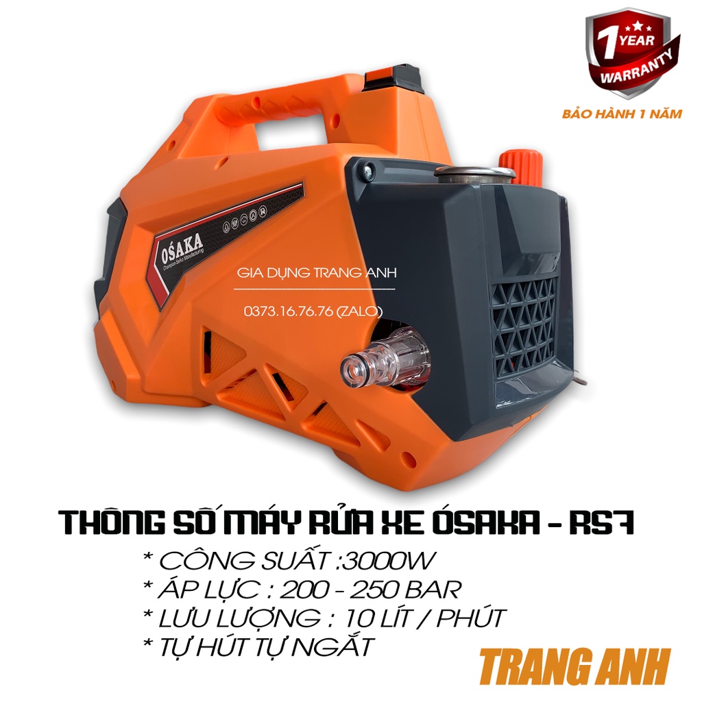 Máy rửa xe Osaka Rs7 3000W lõi đồng , dây xịt 15m, bảo hành 12 tháng