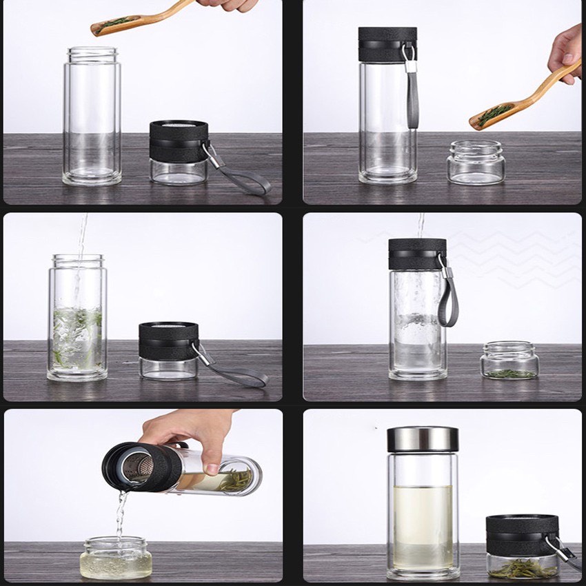 Bình pha trà thuỷ tinh có lõi lọc, binh trà thuỷ tinh 2 lớp cách nhiệt dung tích 500ml
