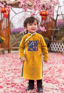 Áo dài nhung phối gấm bé trai