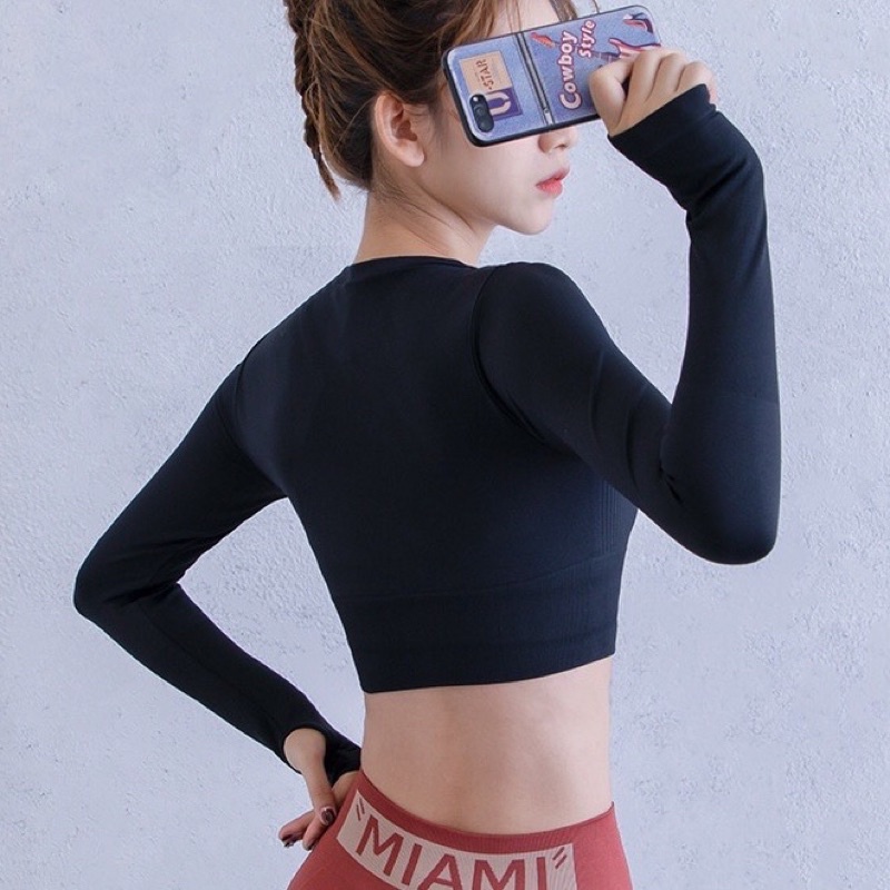 Áo Tập Gym Croptop Dài Tay Nữ Tập Yoga Thể Thao Mặc Tôn Dáng Vải Cao Cấp, Co Giãn 4 Chiều