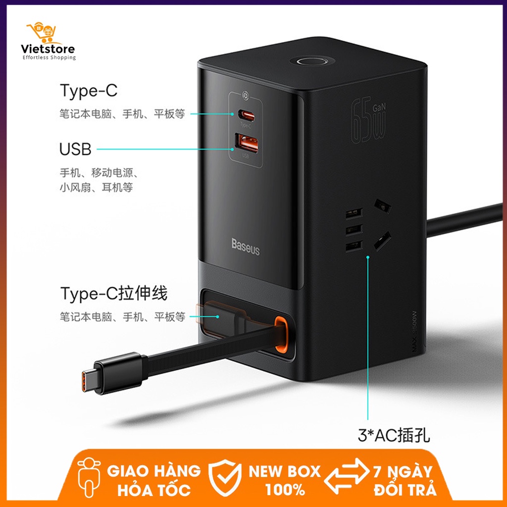 Ổ cắm điện 65w công nghệ GaN Baseus PowerCombo Digital PowerStrip 3AC+1U+1C+1 cáp rút type C