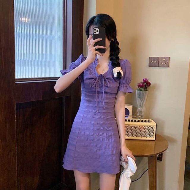 VÁY TÍM CỔ THẮT NƠ XINH XẮN