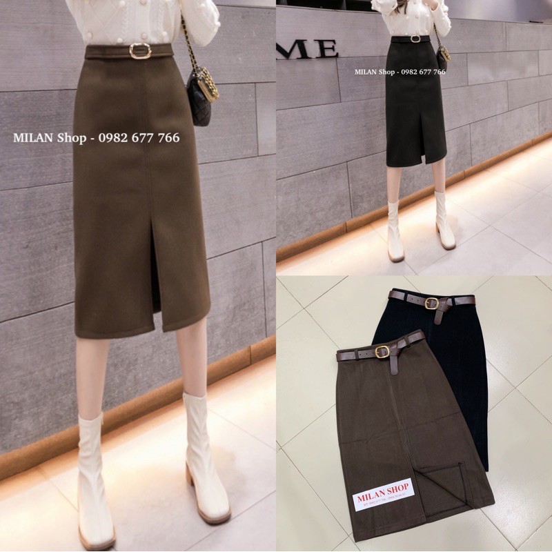 Chân váy dạ dài qua gối kèm đai các kiểu