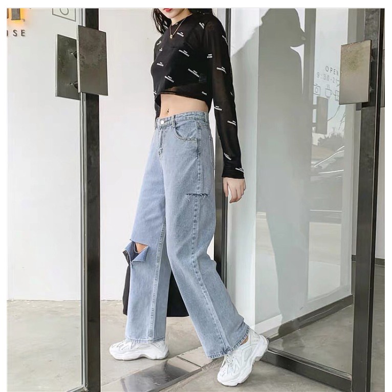 Bigsize  Quần Suông, Quần Jean Lưng Cao, Ống Rộng Rách Sườn Gối V