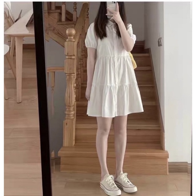Đầm babydoll xòe cổ sơ mi, tay phồng