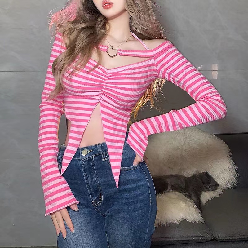 SUXI Áo Dệt Kim Trễ Vai Hoạ Tiết Kẻ Sọc Thiết Kế Lệch Tà Quyến Rũ