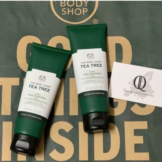 Sữa rửa mặt, mặt nạ tẩy da chết da mụn the body shop tea tree 3in1 wash scrub mask 125ml