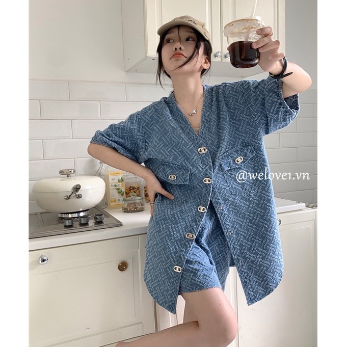 Set Áo Sơ Mi Denim Ngắn Tay + Quần Short Jeans Lưng Cao Ống Rộng Thời Trang Cho Nữ
