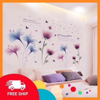 Decal dán tường bộ đôi hoa pha lê xanh tím