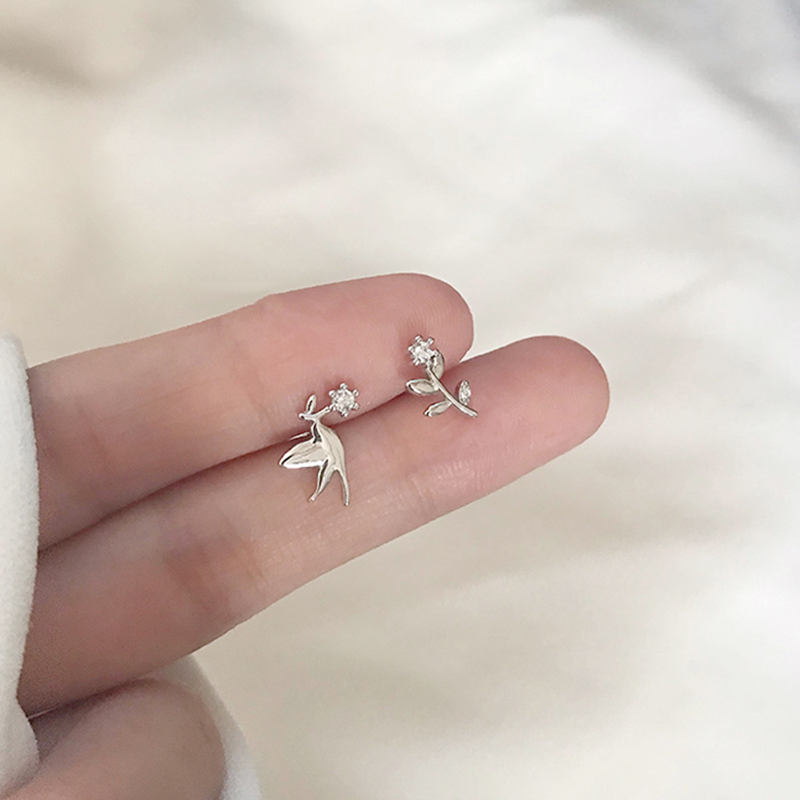 Bông Tai Bạc Fashion CZ Sweet Lovely Birds Peace Dove Silver Animal Stud Earring for Women Jewelry Gifts