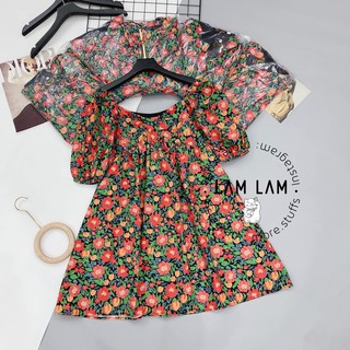 Đầm Hoa Xoè Nơ Tay Bồng