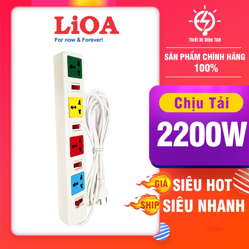 Ổ cắm điện đa năng LIOA, 2200W, 4 ổ cắm, 4 công tắc, dây dài 3M, 5M, 4DOF32WN - 4DOF52WN - Thiết Bị Điện T&amp;H