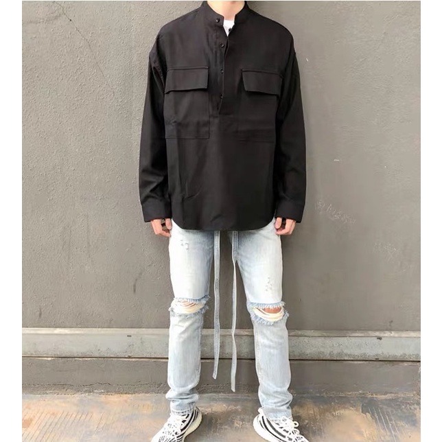 Áo Sơ Mi Vải Lụa Màu Đen Dáng Rộng Phối Nút Cổ Điển Fear of god6th Retro Cho Thợ May