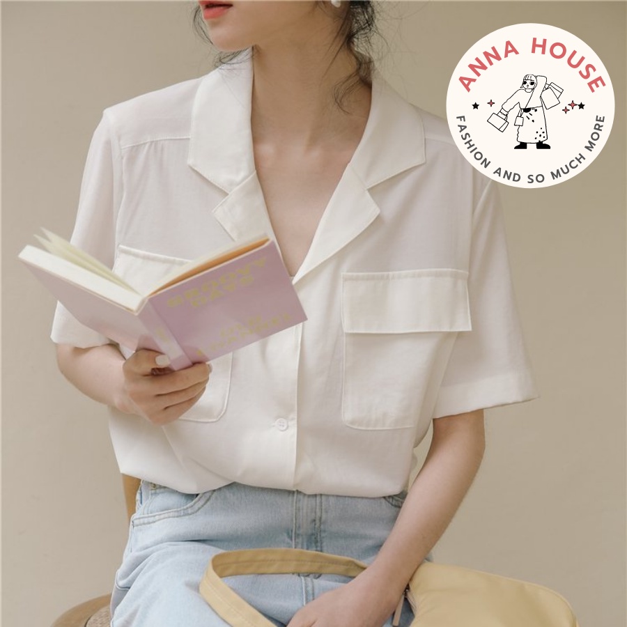 Áo sơ mi nữ cổ vest cộc tay form rộng túi nắp ngực, Áo sơ mi nữ cổ vest V tay ngắn dáng dài rộng màu trơn Hàn Quốc