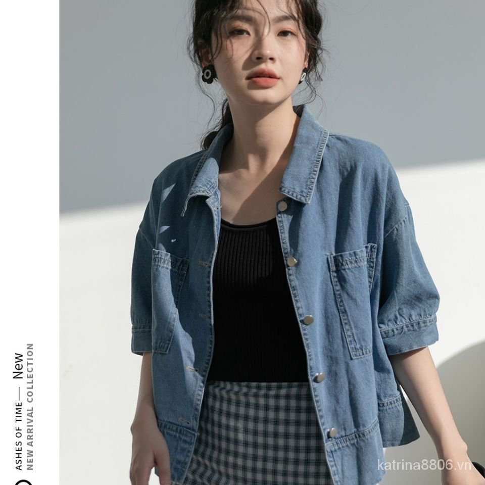 Áo sơ mi denim ngắn tay thiết kế thời trang hè phong cách Hồng Kông mới cho nữ