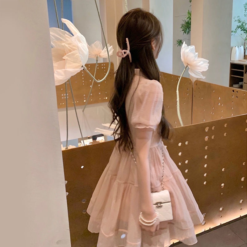 Đầm Dài Cổ Chữ v Màu Hồng Phong Cách Pháp Thanh Lịch Dành Cho Nữ