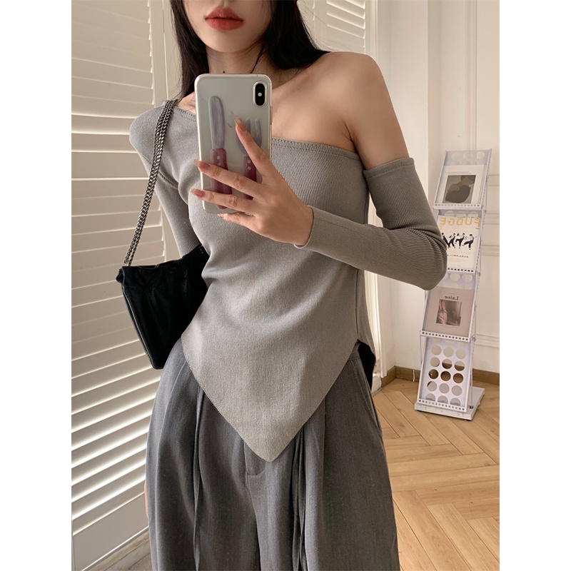 Kumikumi HUANG YOYO Áo Thun Tay Dài Lệch Vai Dáng Ôm Thời Trang Hàn Quốc Dành Cho Nữ croptop