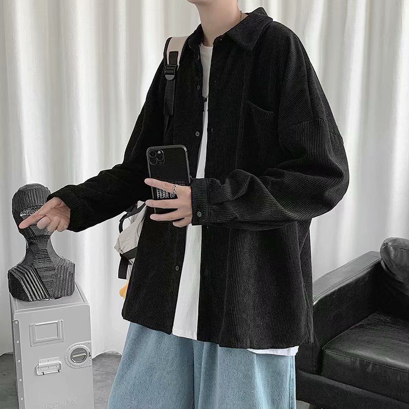 Cộng Với Kích Thước Cộng Với Kích Thước!Áo Khoác Sơ Mi Tay Dài Màu Đen Thời Trang Xuân Thu Cho Nam Giới