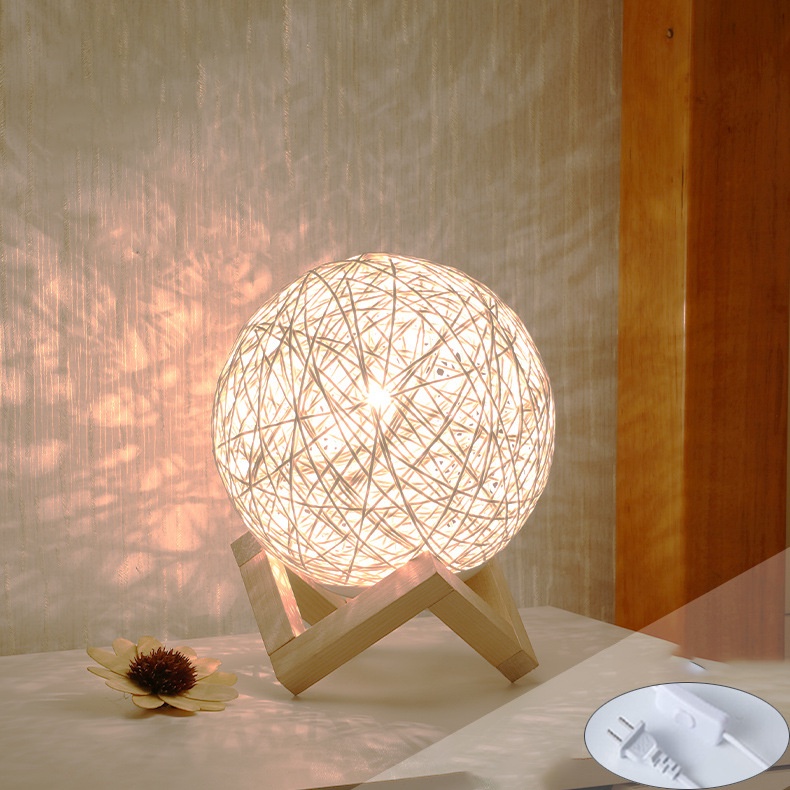 Đèn ngủ để bàn cầu mây OMIE đèn ngủ mặt trăng đế gỗ điều chỉnh sáng tối decor phòng ngủ đẹp