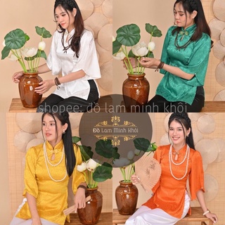 Mẫu Đồ lam đi chùa, Áo bà ba cách điệu giọt nước tay nhúng chất liệu lụa gấm,quần bà ba lẻ
