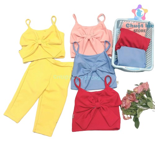 Set bộ quần áo bé gái siêu xinh áo croptop nơ to và quần ôm cho bé từ 7kg đến 20kg (màu hồng, xanh, đỏ, vàng)