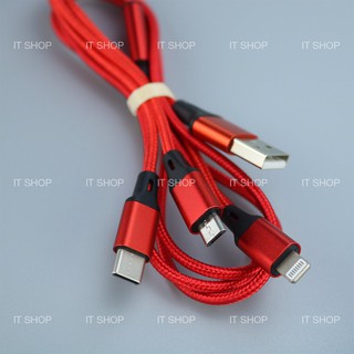 Cáp sạc 3 đầu bọc dù Light.ning,Type C,Micro USB đa năng tiện lợi dài 1.2 mét TY0213