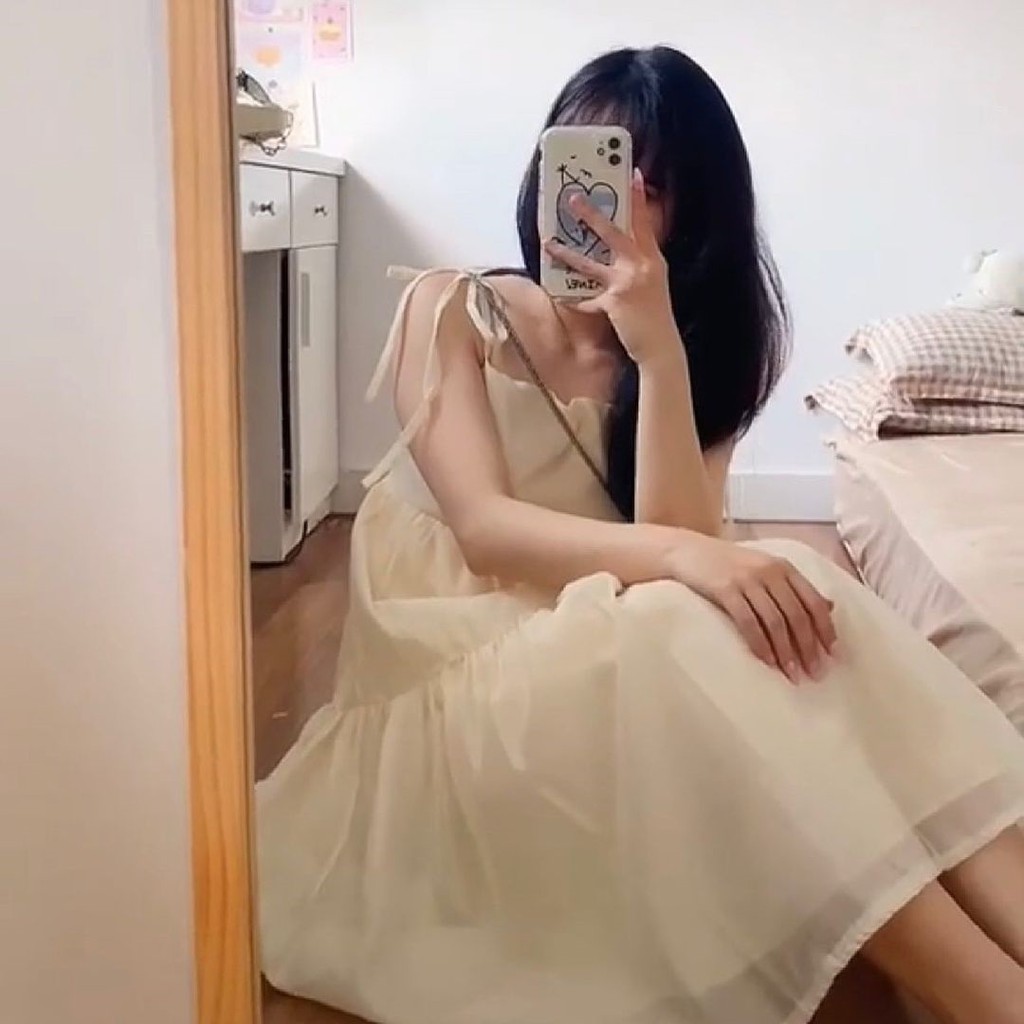 Váy 2 Dây Babydoll Voan Tơ Ulzzang Xếp Tầng 2 Lớp Đầm Suông Nữ Tơ Xước