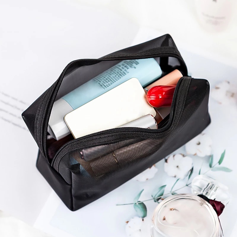 Túi Lưới Đựng Mỹ Phẩm / Đồ Trang Điểm Cầm Tay Chống Nước Sức Chứa Lớn Màu Đen Có Khóa Kéo Đa Năng Thời Trang Cho Nữ JP5
