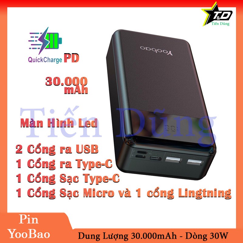 Pin sạc dự phòng 30.000mAh yoobao Công nghệ sạc nhanh 2 chiều PD3.0 (PPS) 18W; 3 cổng vào: micro- USB, Lightning, Type-C