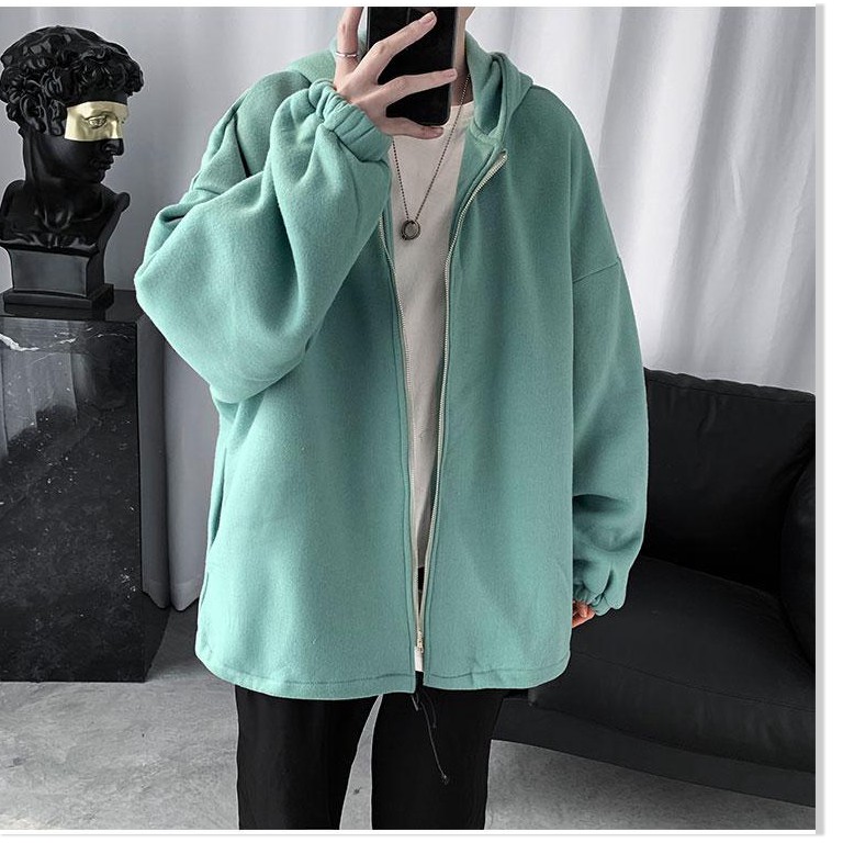 Áo Hoodie Form Rộng Dây Khóa Kéo Trơn Chất Liệu Nỉ