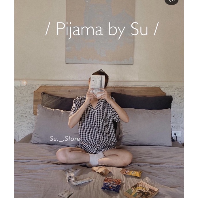 Bộ pjzama kẻ kèm chun buộc tóc có 5 màu