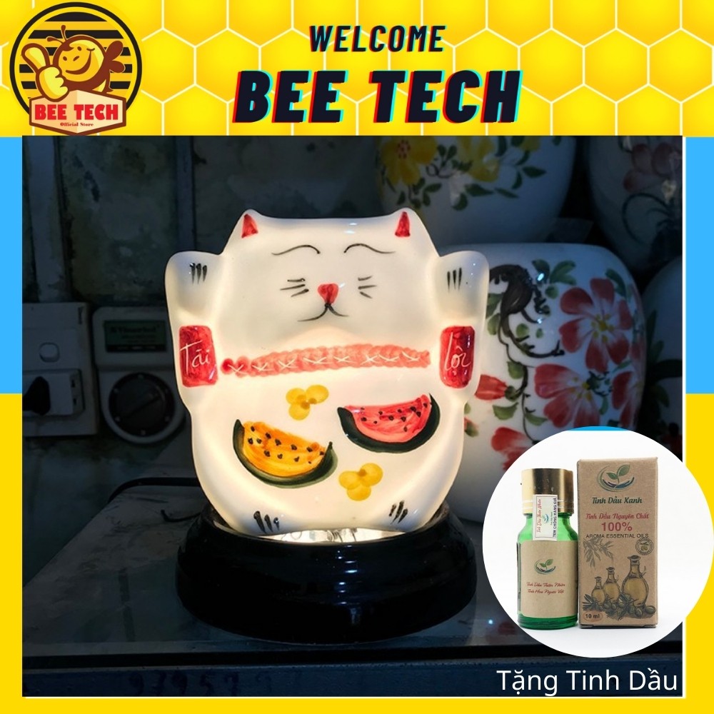 Đèn xông tinh dầu, đèn đốt tinh dầu hình mèo thần tài tặng kèm tinh dầu - Beetech