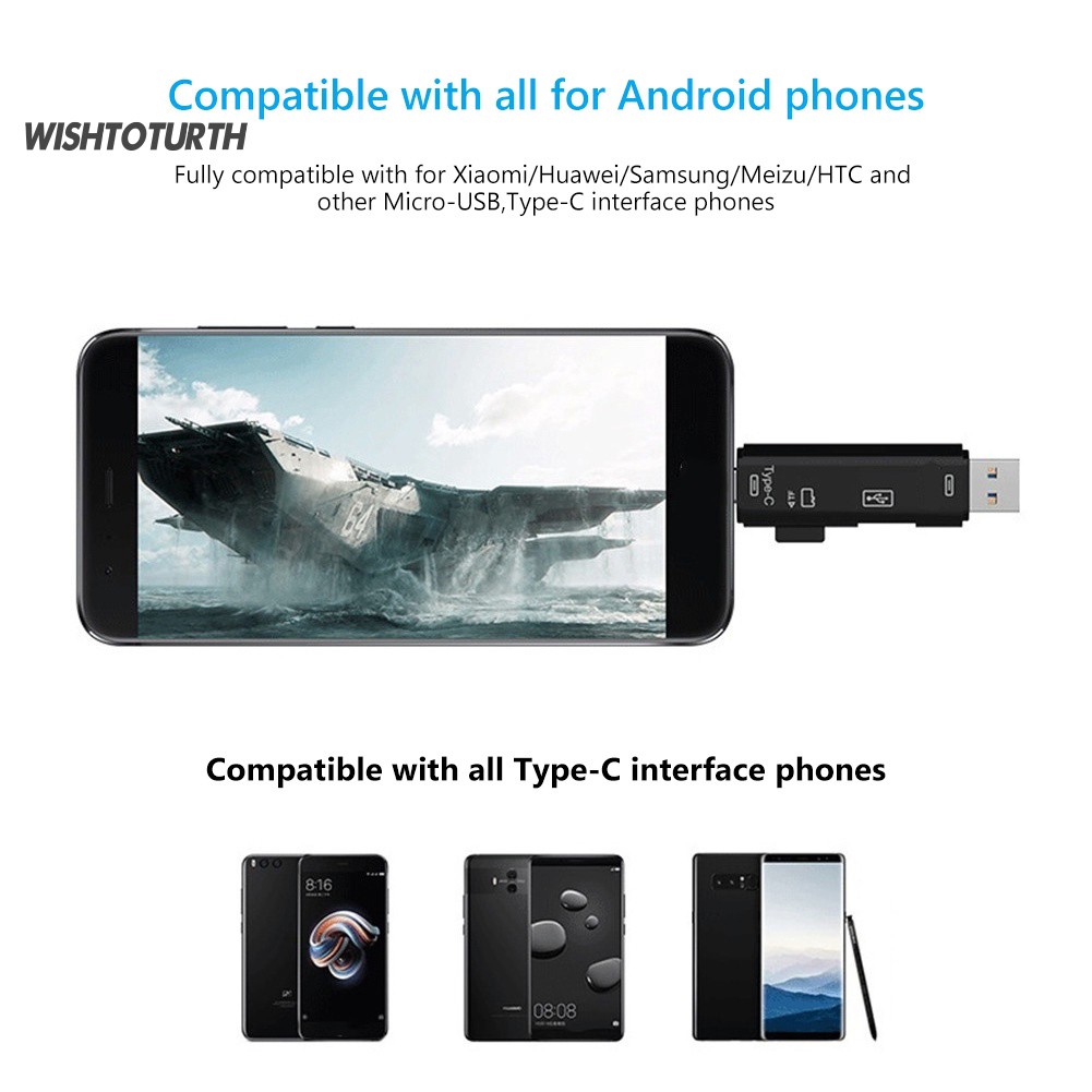 ☼Đầu Đọc Thẻ Nhớ 5 Trong 1 Đa Năng Cổng Micro USB Type C / TF Cho Máy Tính Android