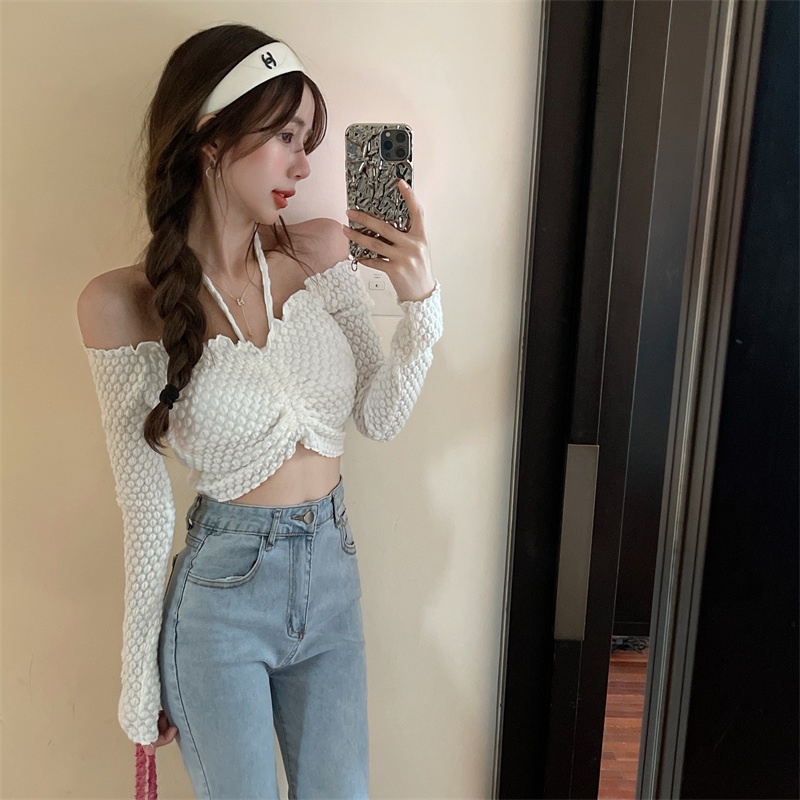 Áo kiểu croptop IHKKE hở vai thiết kế kiểu dây rút co giãn quyến rũ thời trang dành cho nữ